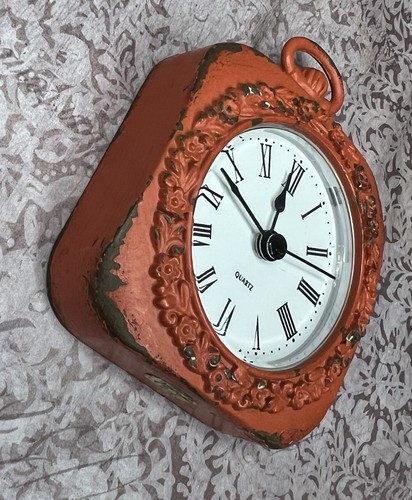 Poppy Orange Pewter Desk Decor Clock 4” Antique Reproduction AA Batteries Works - Picture 2 of 6