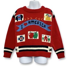 Eagles Eye Vintage 90s Kids Hand Knit  I Love America  Patriotic Sweater 6/6X