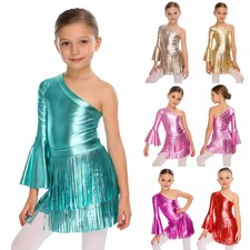 Kids Girls 2 Pieces Western Cowgirl Dance Costumes Bodysuit with Fringed Skirt