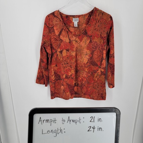 Chicos Shirt Womens Large Orange Red Floral Print 3/4 Sleeve Pullover Top - Picture 9 of 9