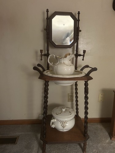 Antique Wash Station with Mirror, Ceramic Pitcher, Bowl, Chamber Pot