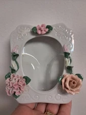 Mini Porcelain Photo Frame Victorian Vintage White and Flower 1.75x2.75” Opening
