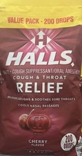  HALLS COUGH THROAT Relief Cherry Cooling Drops, Value Pack, 200 Ct.  Exp 9/26