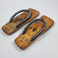 Vintage Japanese Geta Wooden Clogs Hand-Carved Burnt Wood Art Size42 Signed Rare