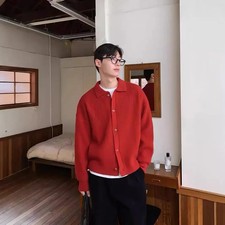 Trendy Loose Men's Knitted Sweater Pure Color Open Cardigan Dark Green Casual Ou