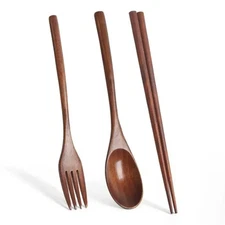3 Piece Set Stainless Steel Cutlery Wooden Tableware Coffees and Teas Tableware 
