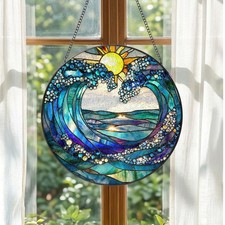 Ocean Waves Stained Glass Suncatcher: Beach Coastal Window Hanging, Beach Lover