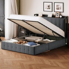 Full Size Lift Up Storage Bed Frame, Upholstered Velvet Bed Frame with Headboard