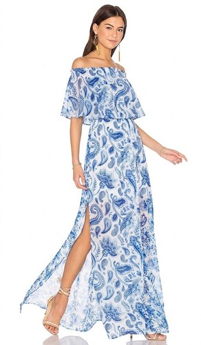 Show Me Your Mumu Hacienda Off Shoulder Maxi Dress Blue Paisley - Size XS