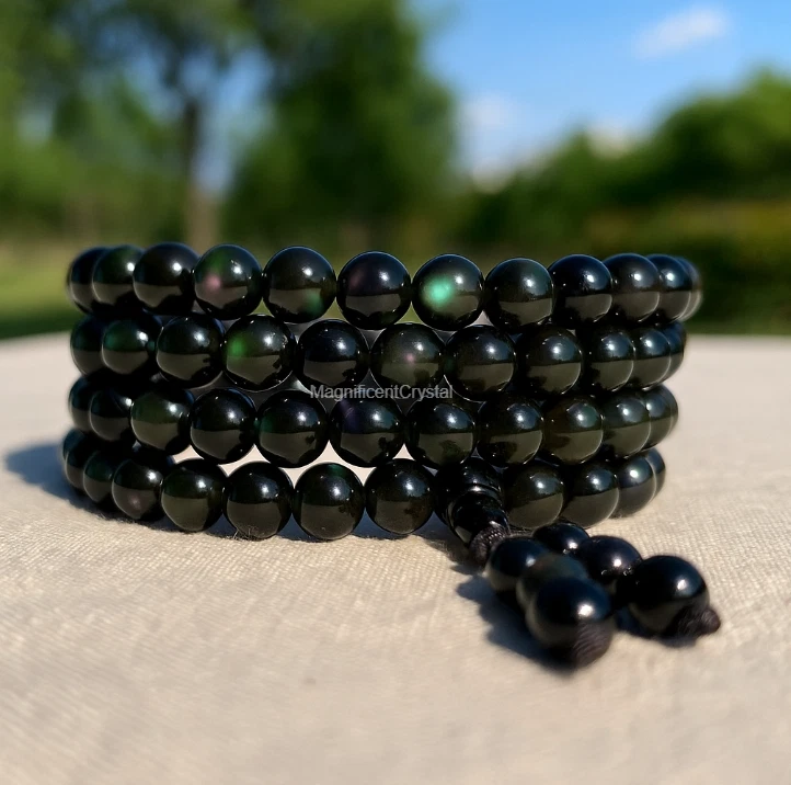 Радужный черный обсидиан 108 Мала молитва бисер ожерелье исцеление браслет подарок - Изображение 3 из 4