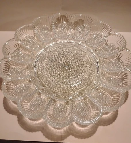Indiana Glass Hobnail Scalloped Edge Deviled Egg Serving Plate Vintage 1950s