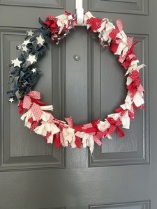Handmade Patriotic Red White Blue Fabric Rag Wreath Stars July 4th Door Decor