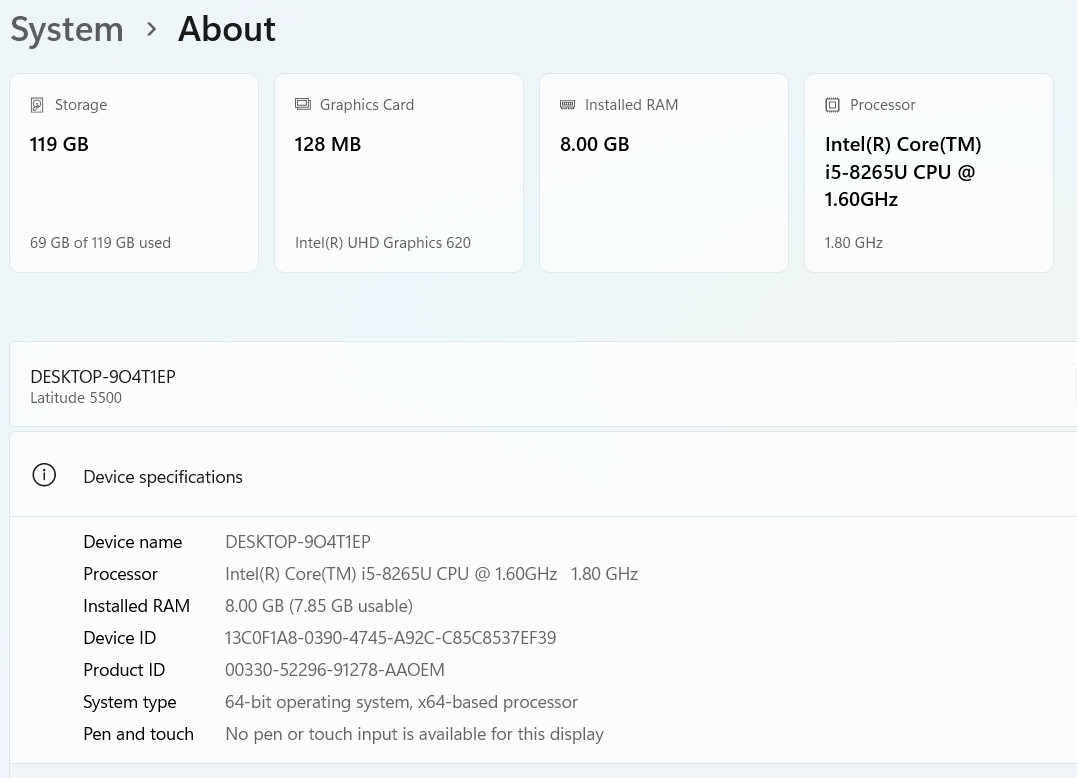 Dell Latitude 5500, 15.6-Inch Laptop, with Intel Core i5-8265U, 128 GB SSD (Solid State Drive), Windows 11 Pro
