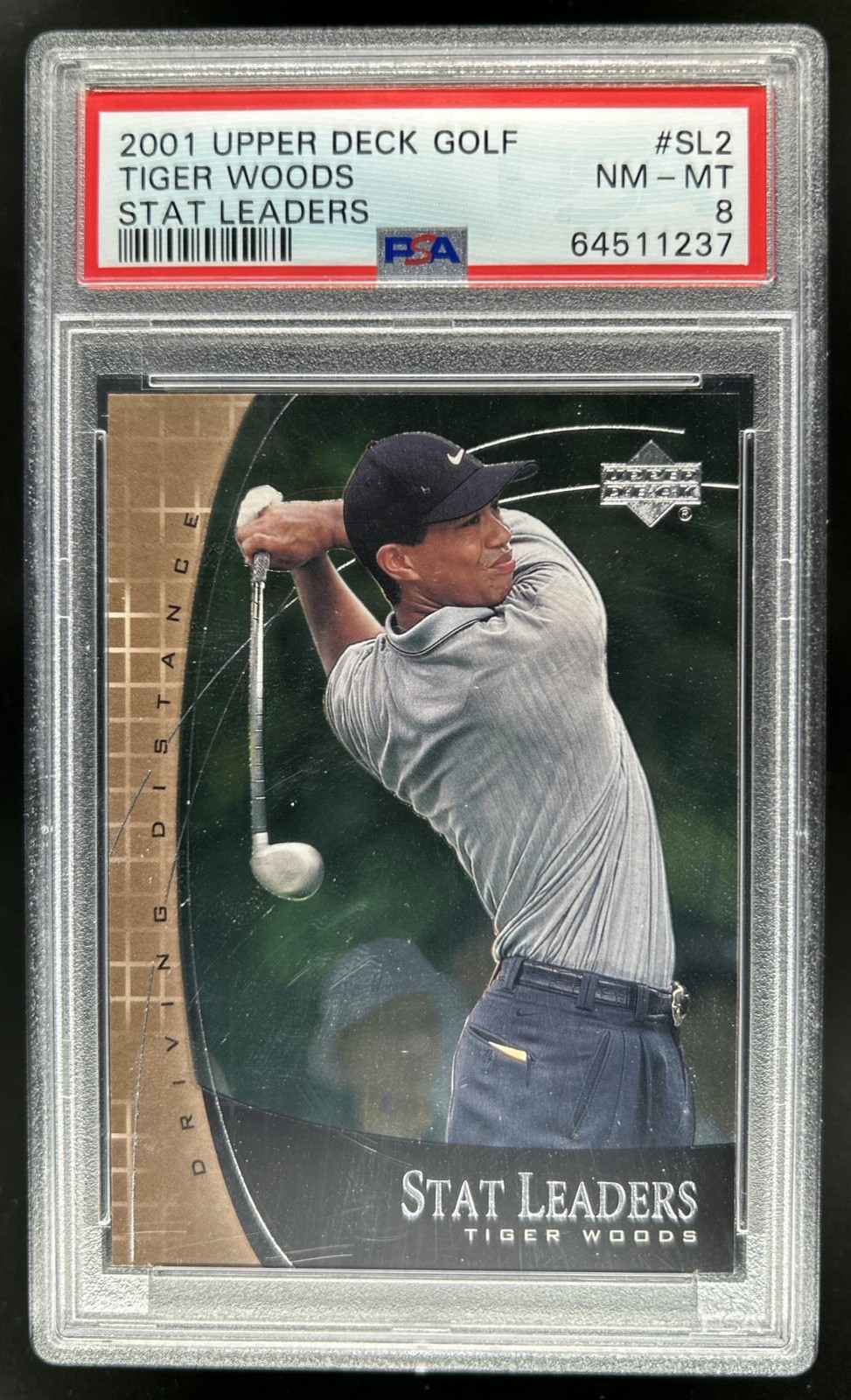 2001 Upper Deck Tiger Woods Stat Leaders Rookie RC #SL2 PSA 8 view 1