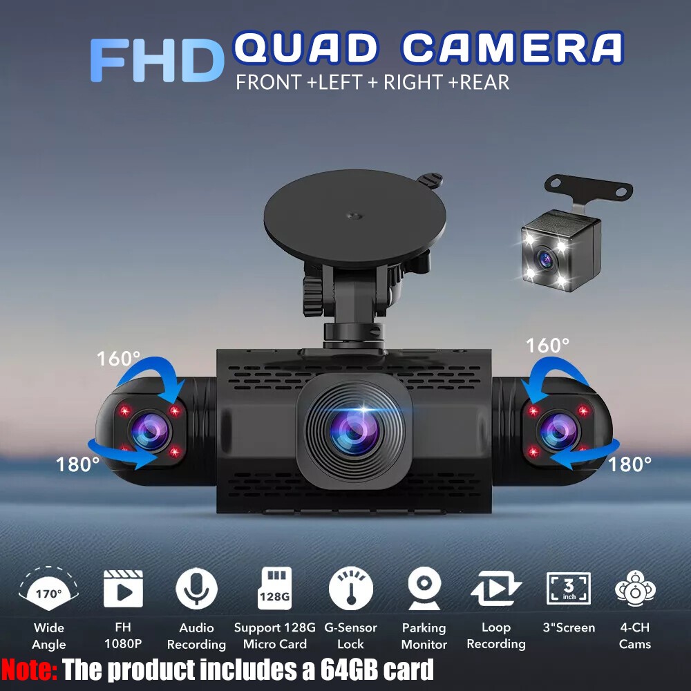 360 Degree View 4 Channel Dash Cam Front and Rear Inside Left Right, Dash Camera