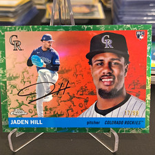 2025 Topps Chrome Jaden Hill Baseball Rockies Rookie Green /99 Card #221. rookie card picture