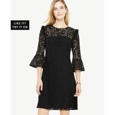 ANN TAYLOR Black Lace Illusion Sheer Ruffle Shoulder 3/4 Bell Sleeve Dress 4 = S