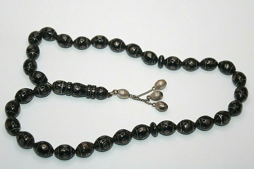 Misbaha 33 Prayer Beads Natural Black Coral Yusr Arabic Red Sea Inliad silver - Picture 3 of 7