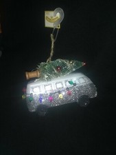 4.5" plastic split window Volkswagen VW Bus Christmas ornament with tree, lights