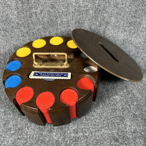 Vintage Wood Poker Chip Carousel Caddy With Poker Chips & Cover