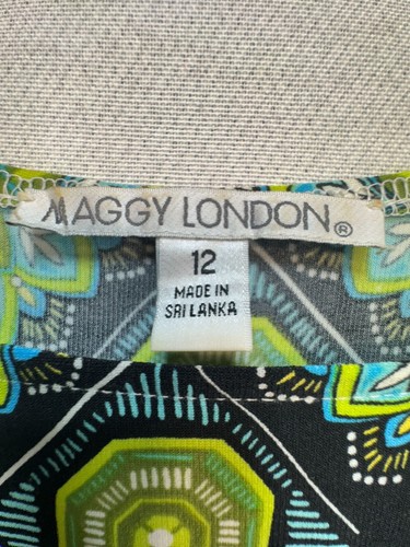 Maggy London Womens Geo Midi Shift Dress Size 12 Green Blue Stretch Career - Picture 2 of 12