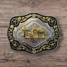 Christian Cowboy and 4 Stars Belt Buckle For Man 4.25"x3.25" Silver/Black/Gold