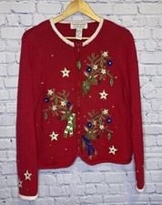 Vintage Tiara International Red Christmas Reindeer Zip Cardigan Sweater, Sz L