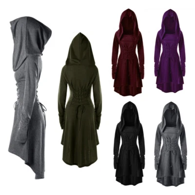Halloween Ladies Gothic Punk Cosplay Hooded Cloak Cape Witch Swing Fancy Dress