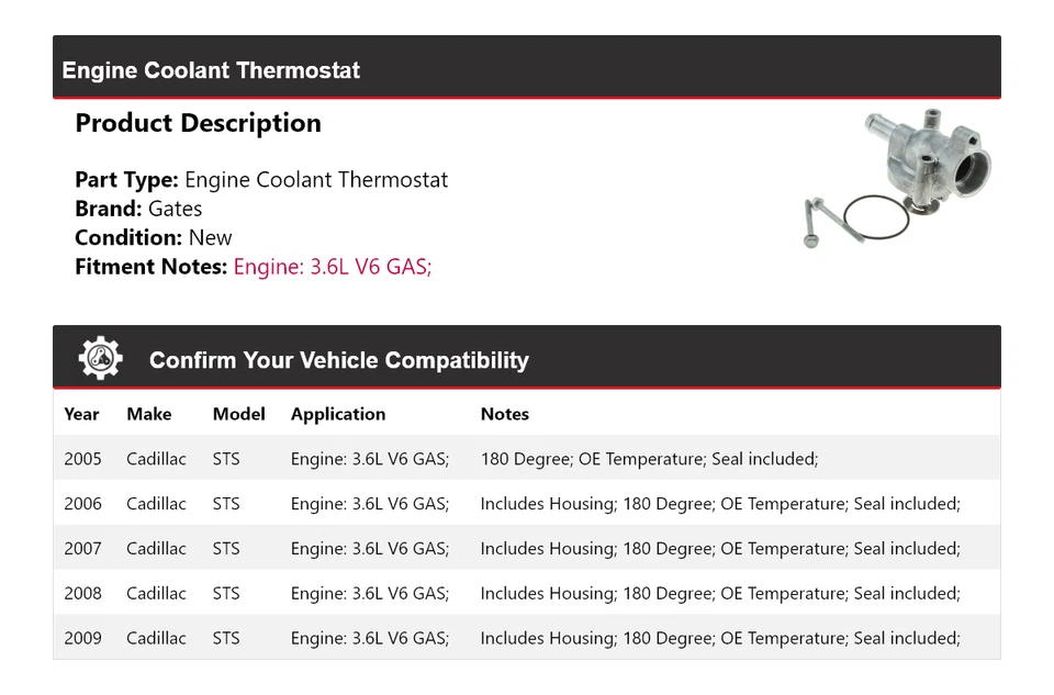 For 2005-2009 Cadillac STS 3.6L V6 GAS Engine Coolant Thermostat Gates 2006 2007 - Image 2 of 4