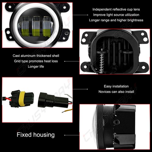 Pair 4" Inch Round LED Fog Lights Halo Driving Lamps for Jeep Wrangler JK TJ LJ - Picture 11 of 11
