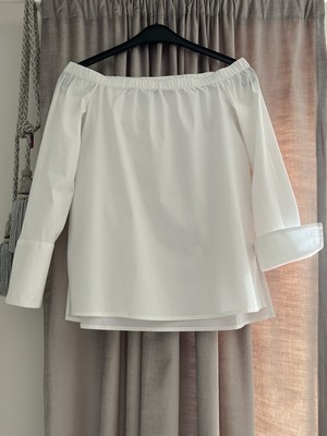 Donna Karan DKNY Bluse 36 Weiß Schulterfrei NA-KD Shoulder Baumwolle+Elasthan 1A