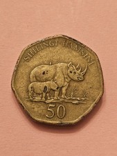 2015 🇹🇿 TANZANIA 50 SHILLING WORLD COIN KM33 RHINOCEROS W/ CALF VG-F FREE SHIP