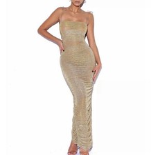 Miss Circle The Glint Gold Ruched Long Maxi Dress Party Sexy Size Small NWOT 