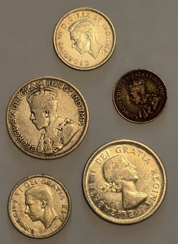 Lot of 5 Silver Canadian Coins. 1 Nickel, 2 Dimes, And 2 Quarters
