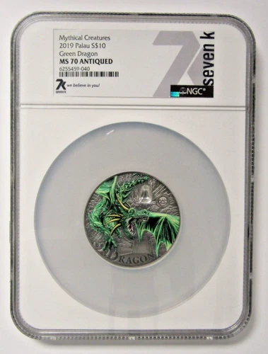 2019 2oz .999 Fine Silver Palau Green Dragon NGC MS70 Antiqued