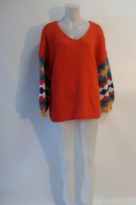 NWT Womens Me369 Noa Crochet Orange V-Neck Sweater W/Multi Color Sleeve Sz XXS