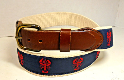 LEATHERMAN Blue Belt w Red Embroidered Lobsters White Canvas Back Leather End 38