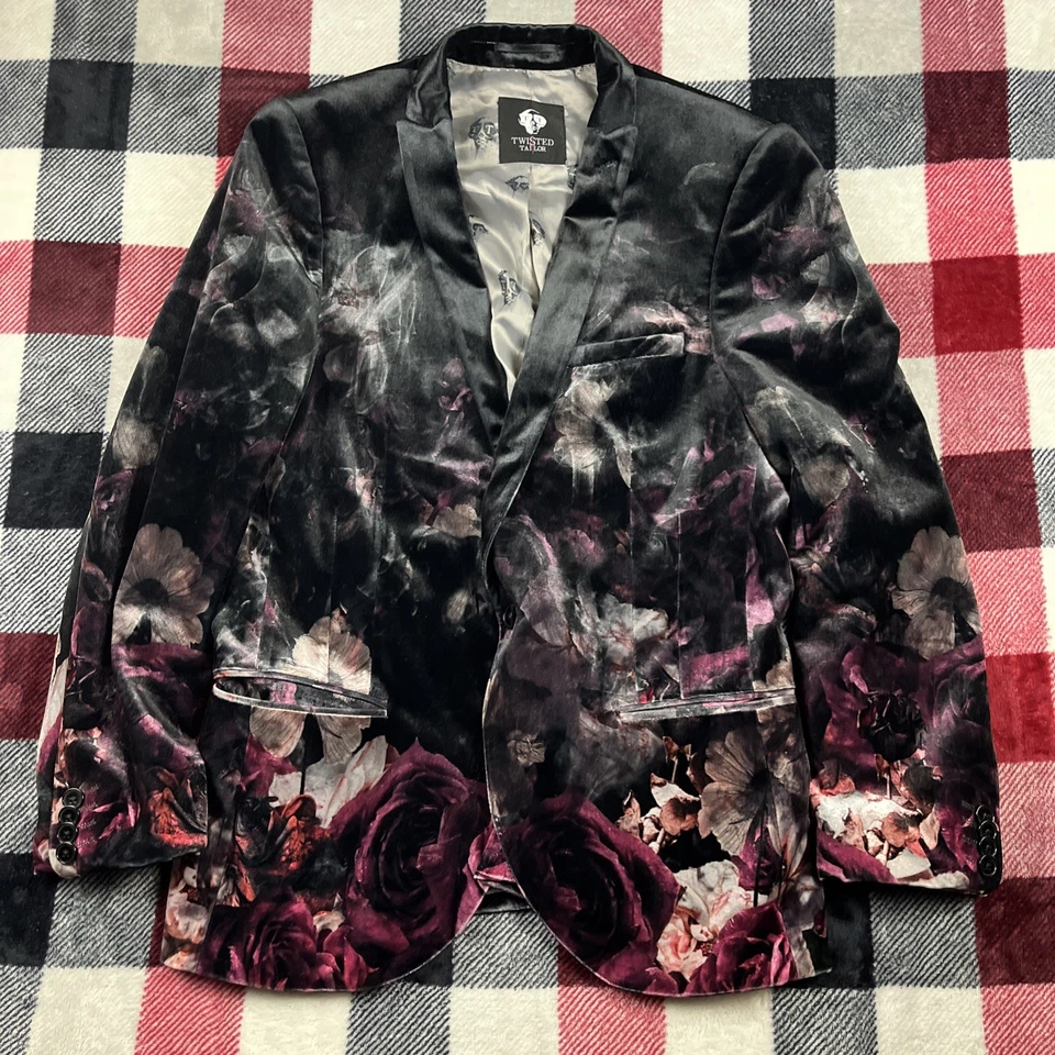 Twisted Tailor Suit Blazer Jacket Men 40R BLK Floral Skull Poly Velvet Kashmir - Image 2 of 4