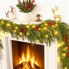 Artificial Norfolk Pine Garlands Realistic Greenery Garland W/ LED Red Berries