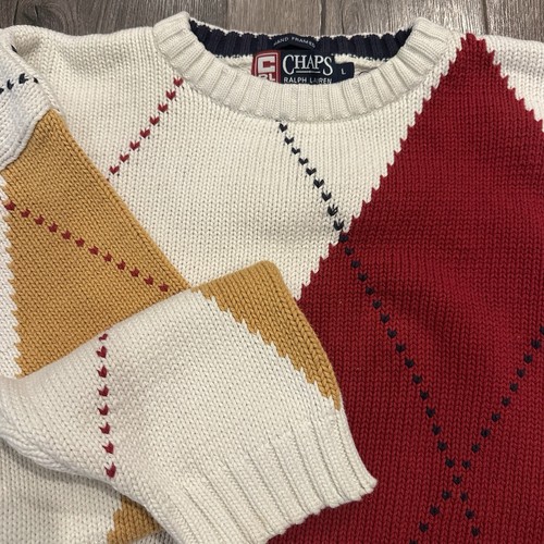 Vintage Chaps Ralph Lauren Sweater Men's Large Argyle Cotton 90s Preppy Grandpa - Picture 2 of 6