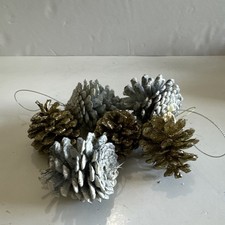 Glitter Hanging Pinecone Christmas Ornaments Set of 5, Gold Silver