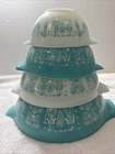 PYREX Amish Butterprint Turquoise White Cinderella Mixing Bowl Set 441-444 vtg