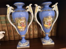 Antique Set Of 2 Blue Porcelain Vases W Courting Couple Hand Painted Royal Viena