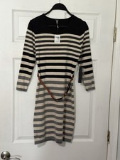 Charlotte Russe Striped Sweater Dress Size M Belted Knit Black Cream Gray