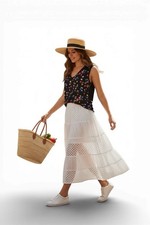Semi Sheer MIDI Skirt Small White Lace Tiers Full Bohemian, Staple Prairie Maxi