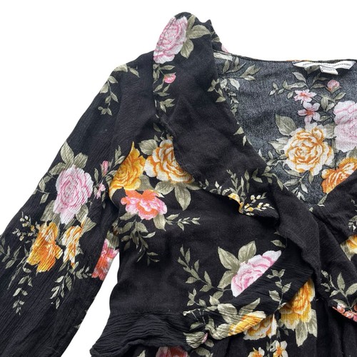 American Eagle Women M Black Yellow Pink Floral Long Ruffle Sleeve Peplum Blouse - Picture 6 of 19