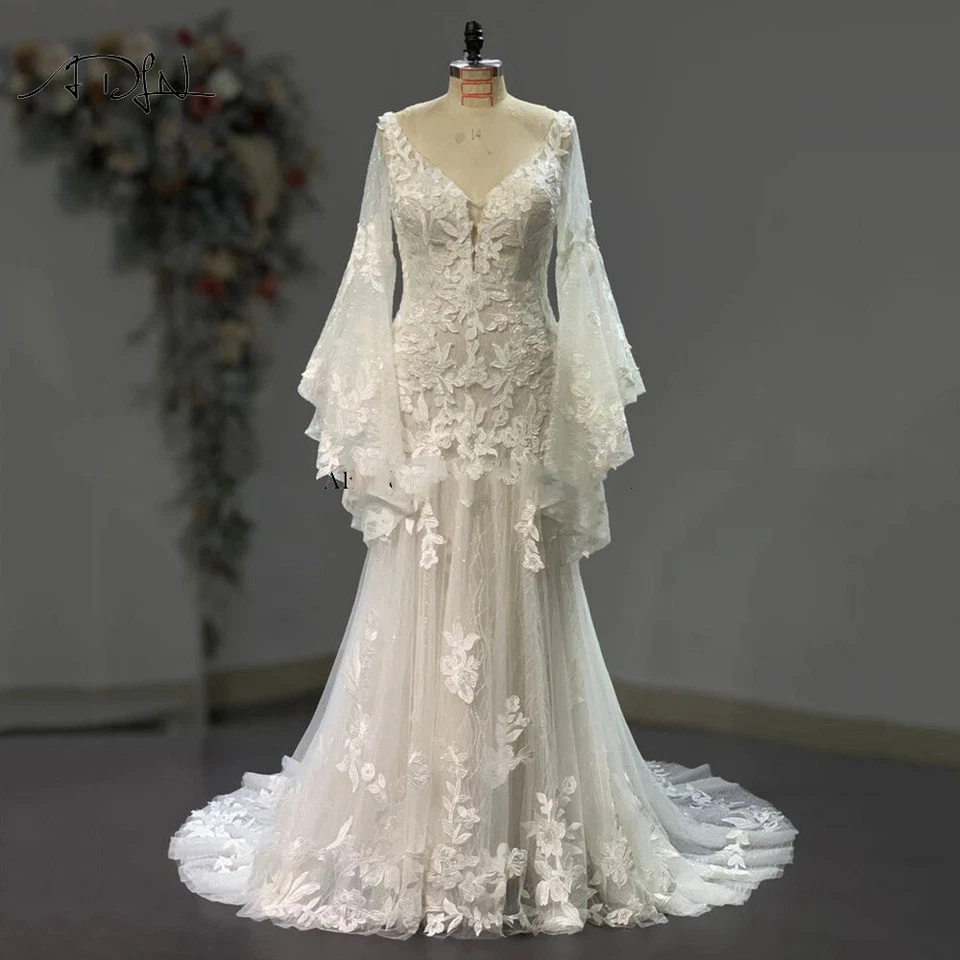Boho Mermaid Wedding Dress Long Puffy Sleeve V Neck Backless Lace Bridal Gowns - Image 3 of 4