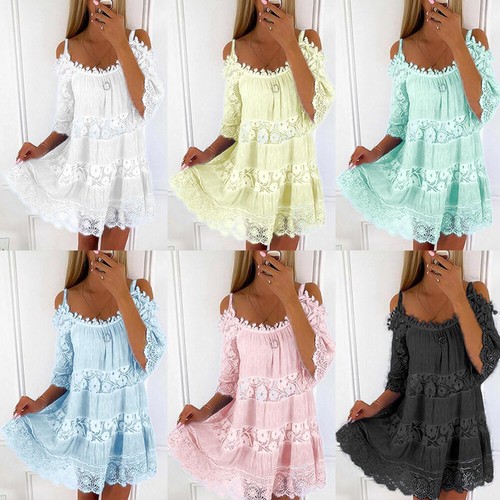 Frauen Spitze Boho Minikleid Damen Sommer Strand Urlaub Kurzarm Sommerkleid / - Picture 4 of 22