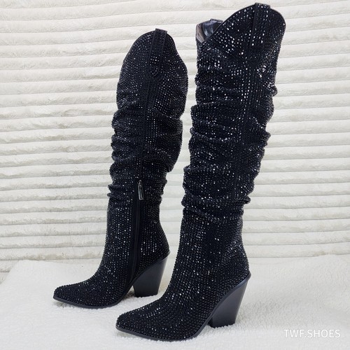 Cape Robbin Diamond Rider Black Rhinestone Western Slouch Draped Knee Boots - Picture 7 of 10