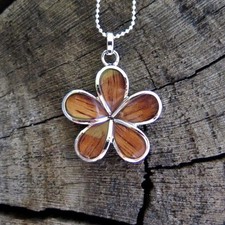 KOA WOOD HAWAIIAN PLUMERIA FLOWER RHODIUM SILVER PLATED BRASS PENDANT BRP1122
